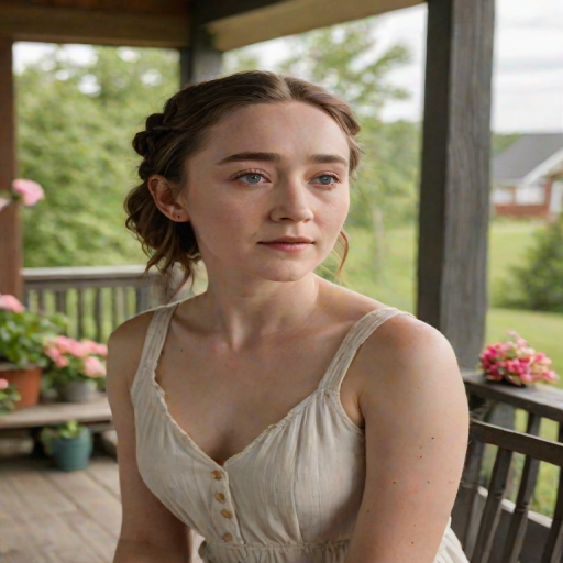 A photo of Saoirse Ronan with a background of a cozy porch. She has dark hair pulled back in an updo, with tendrils framing her face. She wears a white tank top and sits on the porch. The porch is part of a well-lit home with a warm, earthy tone and colorful flowers and foliage. The overall scene has a warm, welcoming, and comfortable ambiance.
