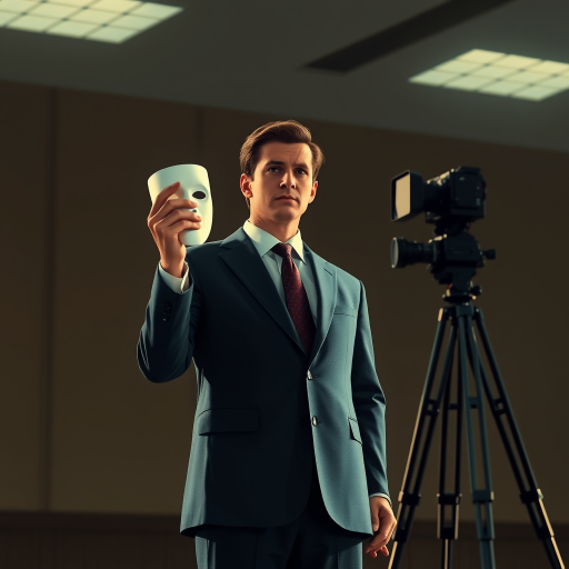 Create a high-quality digital illustration of a man in a suit holding a white mask while standing at a podium, with a vintage film camera on a tripod in the background, using a 50mm lens at f/2.8, natural lighting, and a soft-focus effect for a cinematic style.