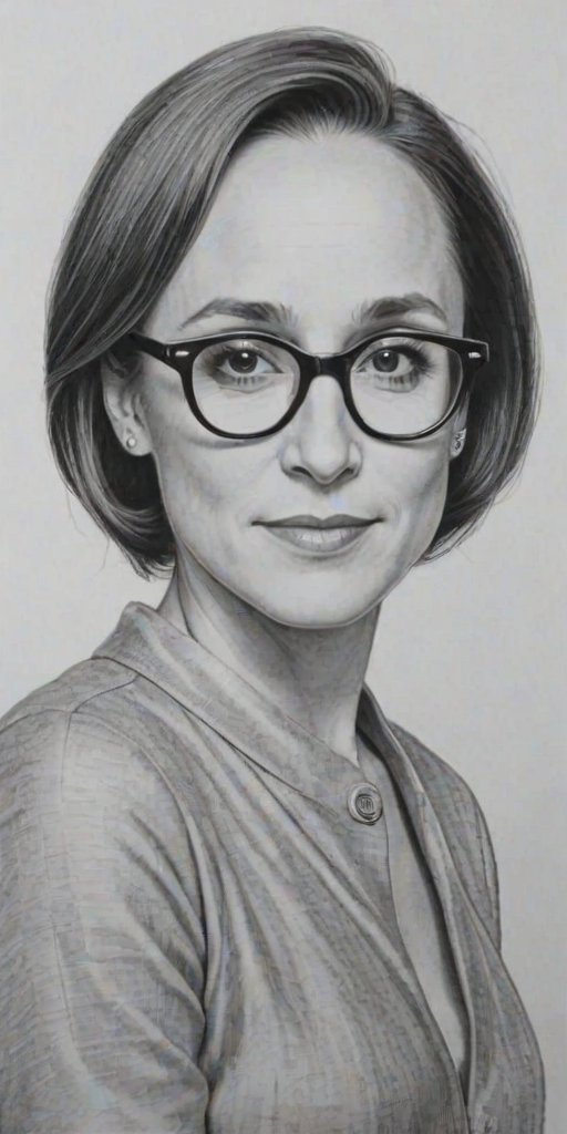 Elegant Laurie Metcalf, pencil sketch, portrait of Captivating woman 1960s in glasses, hair style beatnik, outline, clear lines, fine lines, 8k
