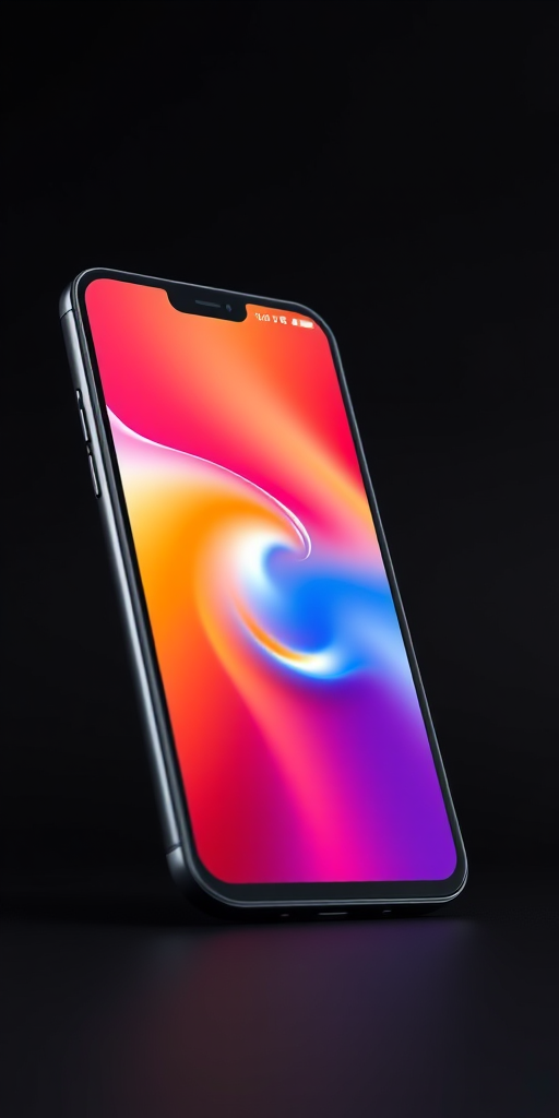 Create a high-resolution image of a modern smartphone with a vibrant, colorful screen display and a sleek design, shot with a DSLR camera, 50mm lens, f/2.8 aperture, ISO 100, and a low angle view against a dark gradient background.