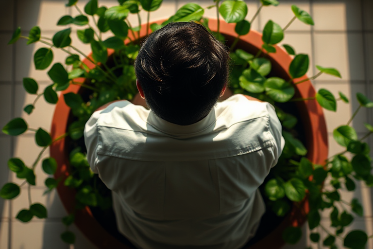 Create an artistic silhouette of a seated figure in a white shirt, surrounded by green leaves in a pot, captured with a DSLR camera at f/2.8, ISO 100, 50mm lens, top-down view, soft natural lighting for enhanced image quality.