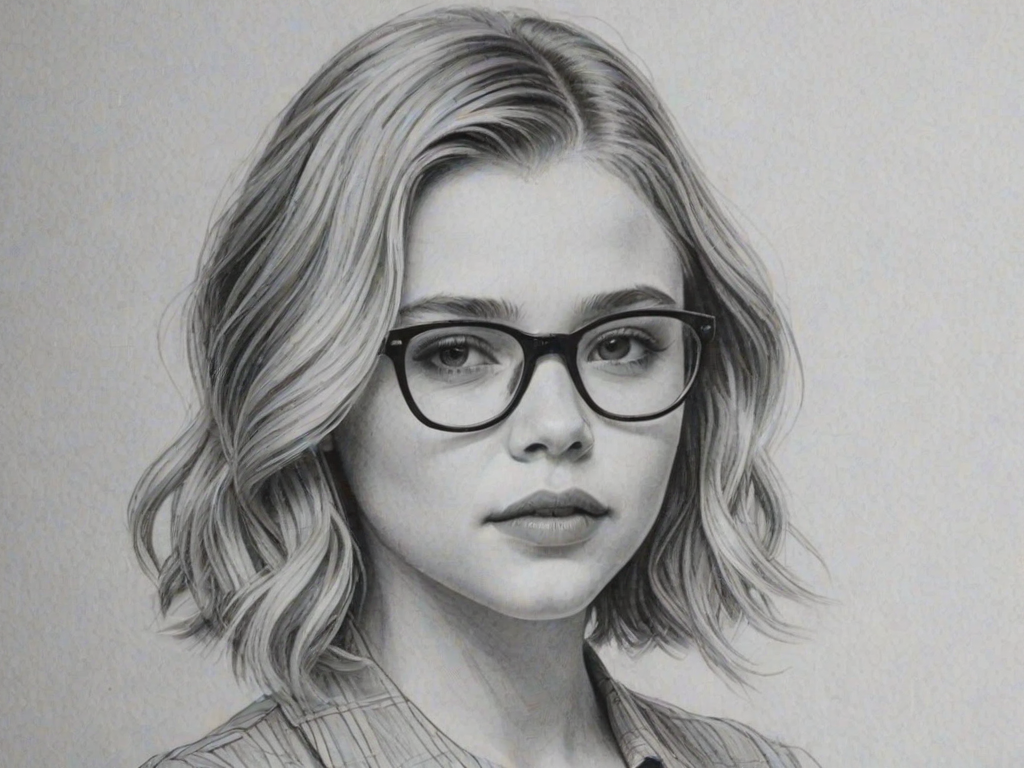 Attractive Chlo' Grace Moretz, pencil sketch, portrait of Fetching woman 1932s in glasses, hair style beatnik, outline, clear lines, fine lines, 8k