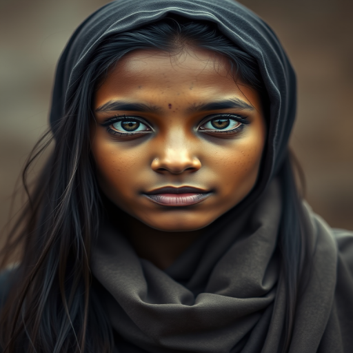 Create a portrait of a young Sri Lankan woman with long, dark hair and captivating hazel eyes. She is wearing a dark headscarf and a matching scarf draped gracefully around her neck. The background is softly blurred, focusing attention on her serene and natural expression. The overall color palette is muted and warm, enhancing the intimate and authentic feel of the portrait.