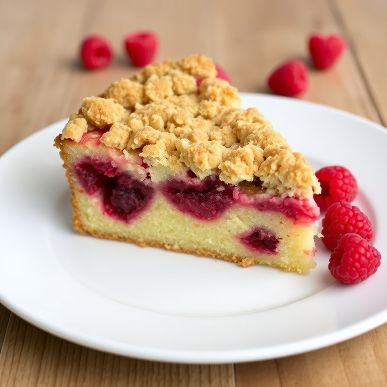 A delicious slice of raspberry crumb cake on a white plate with a wooden background, showcasing a rich layer of berries and a crumbly topping, with some raspberries scattered around.