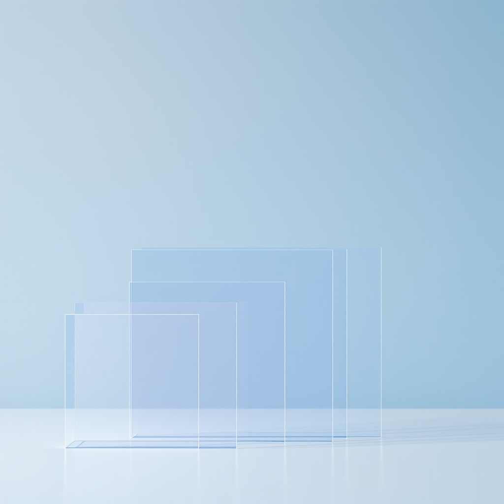 create an abstract digital art piece featuring layered transparent rectangles in varying sizes and heights, with a gradient gray and blue background, shot with a DSLR camera at an aperture of f/8, ISO 100, 24mm focal length, in landscape orientation, using natural lighting to enhance depth and clarity