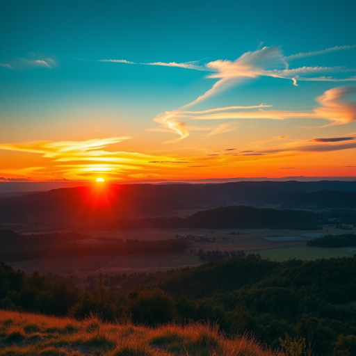 Create a high-resolution image of a serene landscape at sunset with vibrant colors, using a 35mm lens, f/8 aperture, ISO 100, and a tripod for stability, capturing a wide-angle view in landscape orientation.