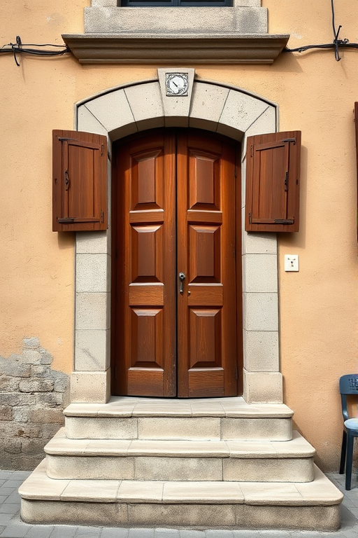 Capture a charming old building facade with a brown door, stone steps, and wooden shutters, using a DSLR camera at f/8, ISO 200, 1/125s, in natural light with a wide-angle lens for a detailed view.