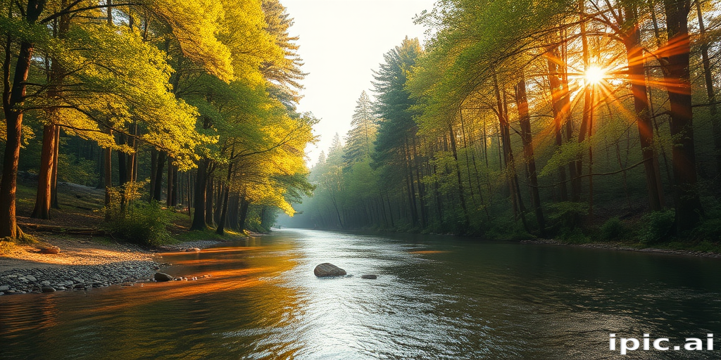 Create an image of a serene, sunlit forest scene with a clear, gently flowing river. Tall trees with lush green foliage line both sides of the river, their leaves bathed in the warm golden light of the setting or rising sun. The sunlight filters through the trees, casting soft, dappled light on the river, which flows over smooth rocks and pebbles, creating a peaceful, natural atmosphere. The sky is bright with a few scattered clouds, and the overall mood is tranquil, evoking a deep sense of connection with nature. The image captures the beauty of a calm, pristine forest landscape at either dawn or dusk.