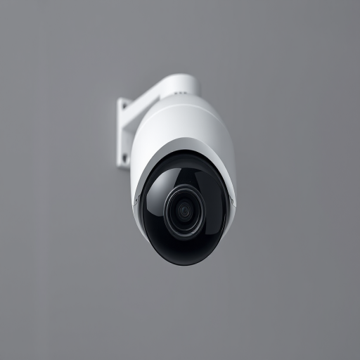 Generate a high-resolution image of a security camera with a sleek, modern design set against a plain gray background, using a DSLR camera at f/2.8, ISO 100, 1/200s, capturing a frontal view and employing studio lighting for enhanced detail.