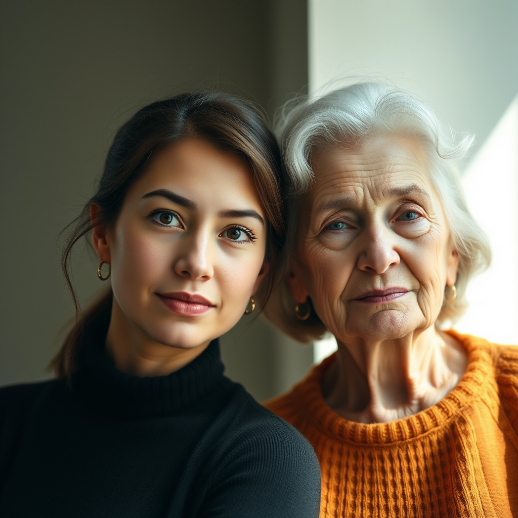 Create a portrait of a young woman and an older woman standing close together, with soft natural lighting, a shallow depth of field (f/2.8), shot from a slightly elevated angle at eye level, using a full-frame DSLR camera with an 85mm lens to capture fine details and enhance skin textures.