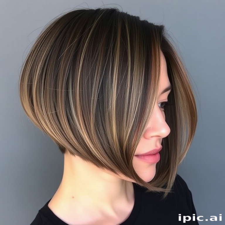 Sophisticated model displays Smoky Quartz lob, a dimensional blend of cool-toned brown and gray hues, styled in sleek straight strands with a blunt cut