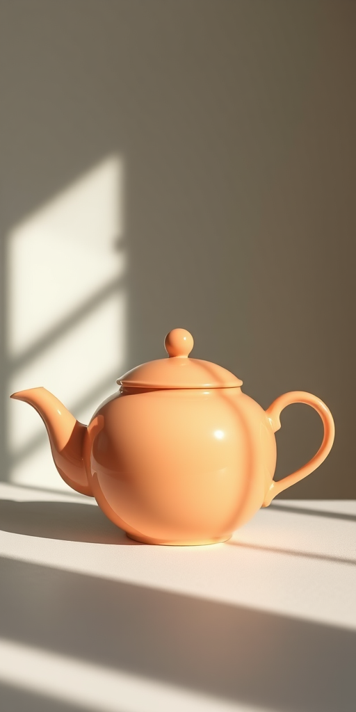 create a high-resolution illustration of a peach-colored teapot with a smooth finish and a fitted lid, captured from a slightly elevated angle using a 50mm lens, aperture set to f/2.8 for a shallow depth of field, in a soft natural light environment to enhance shadows and highlights, using a digital camera for optimal clarity and detail