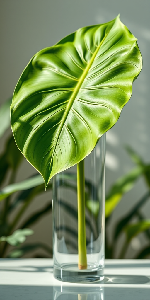 Create a high-resolution digital illustration of a translucent vase holding a large green monstera leaf, shot with a Canon EOS R5 at f/2.8, 1/100s, ISO 100, with a soft focus background and natural lighting to enhance detail and vibrancy.