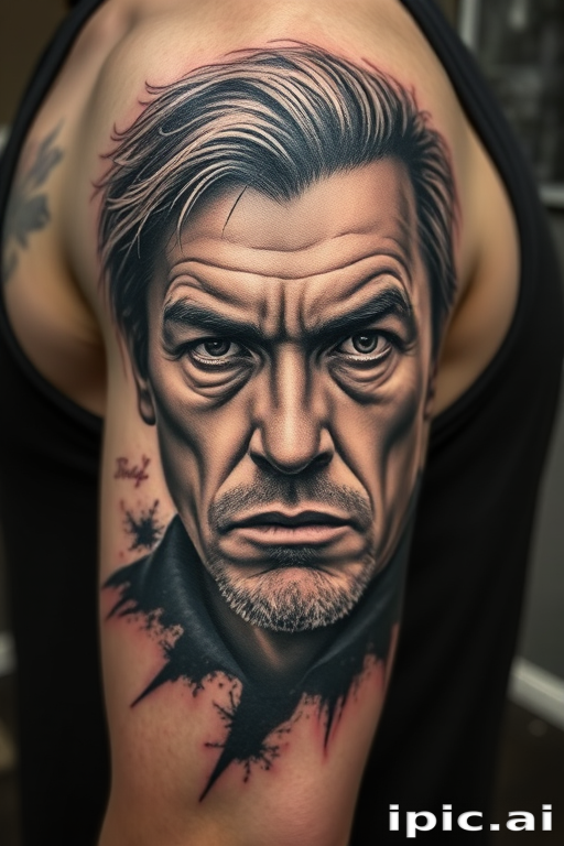 Photorealistic black and gray portrait tattoo on the bicep, capturing every nuance of expression and texture, with masterful shading and contrast to bring the subject to life