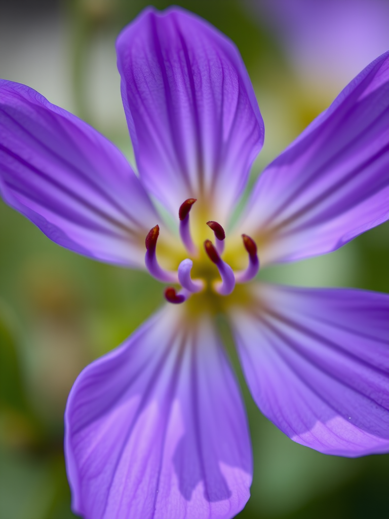 Close-up of a vibrant purple flower with delicate petals and intricate details, soft bokeh background, macro lens, aperture f/2.8, shutter speed 1/200s, ISO 100, taken with a DSLR camera, natural lighting.