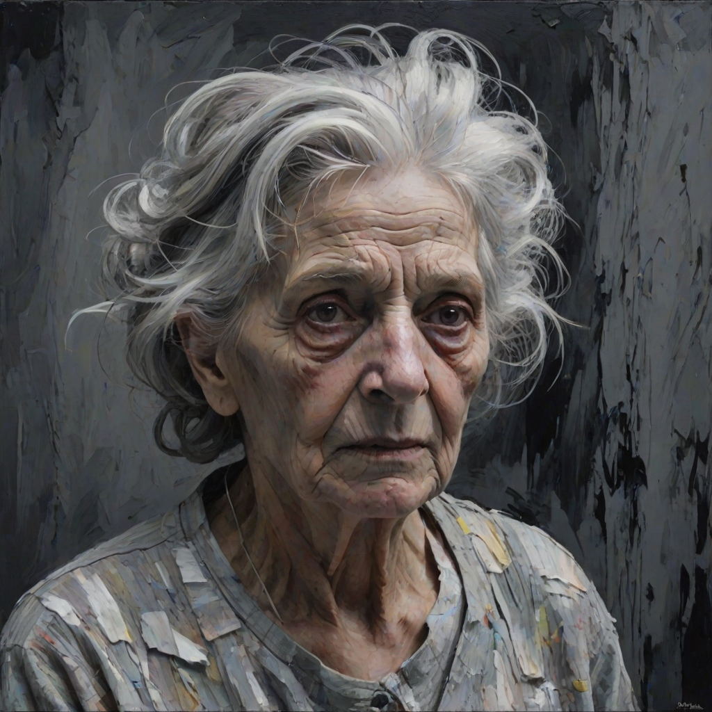 Final exit party. Dark Moody impasto dark picture edges. old woman. grey untidy hair streaked with white and pastel muted colours. include whole head and neck and shoulders. death lurks in the background.