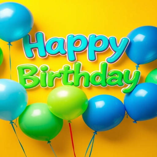 Create a vibrant birthday greeting card design featuring the text "Happy Birthday" in playful fonts and colors, with bright green and blue balloons, against a cheerful yellow background with sunburst effects, taken with a DSLR camera using a 50mm lens, f/1.8 aperture, ISO 100, and soft natural lighting for enhanced clarity and color saturation.
