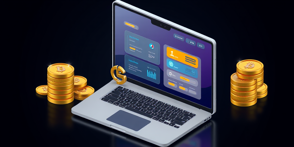 create an isometric vector illustration of a laptop displaying a digital wallet interface with stacks of gold coins on either side, shot with a Canon EOS R5 at f/2.8, ISO 100, 35mm lens, soft lighting against a dark background to enhance clarity and detail
