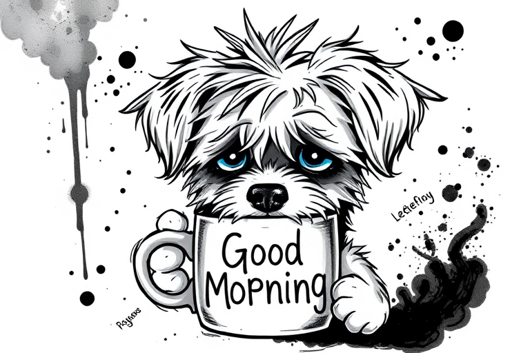 A quirky, artistic illustration of a disheveled peekapoo dog breed with exaggerated, large eyes and spiky fur, holding a coffee mug that reads "Good Morning". The dog has a tired but humorous expression, with ink splatters and abstract details surrounding it, giving a whimsical feel to the image. The color palette is mostly monochrome with hints of blue in the eyes and steam rising from the mug, enhancing the overall sleepy vibe