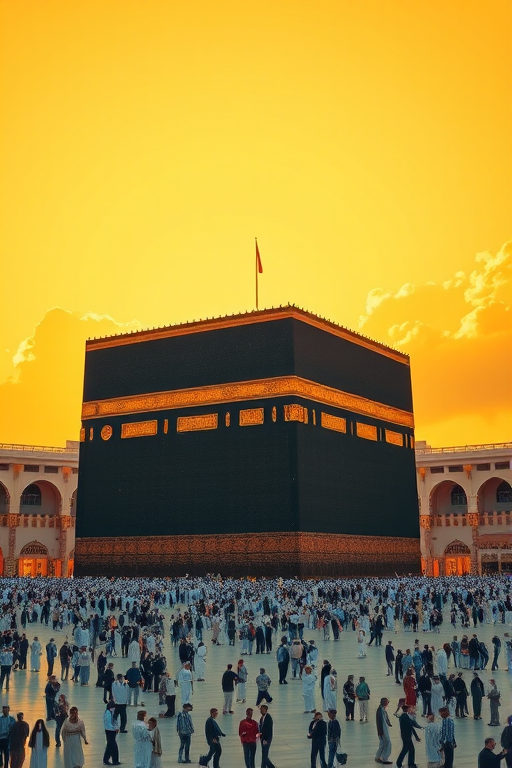 Create a high-resolution digital illustration of the Kaaba in Mecca, captured with a DSLR camera at f/8 aperture, 50mm lens, top-down view, emphasizing vibrant yellow tones and soft clouds in the background, with sharp details and clean lines.