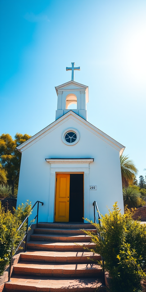 Capture a bright, sunny day at a small white church with a yellow door and a cross on the roof, surrounded by greenery and a clear blue sky; use a Canon EOS R5, 24mm lens, aperture f/8, ISO 100, and a wide-angle shot to enhance depth and detail.