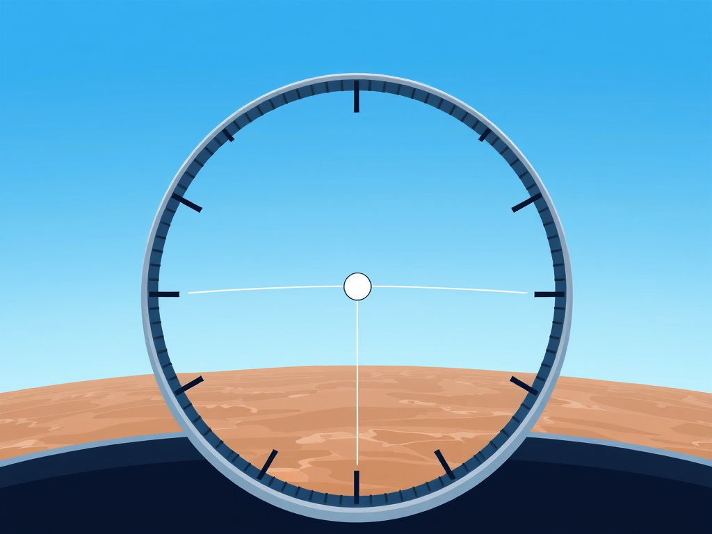 Create an illustration of an aircraft's artificial horizon gauge, featuring a blue sky above and brown earth below, with clear markings and a simplified design; use a Canon EOS R5 camera, set to f/8 aperture, ISO 100, 1/200 shutter speed, captured from a straight-on view, in high-resolution vector graphic style.