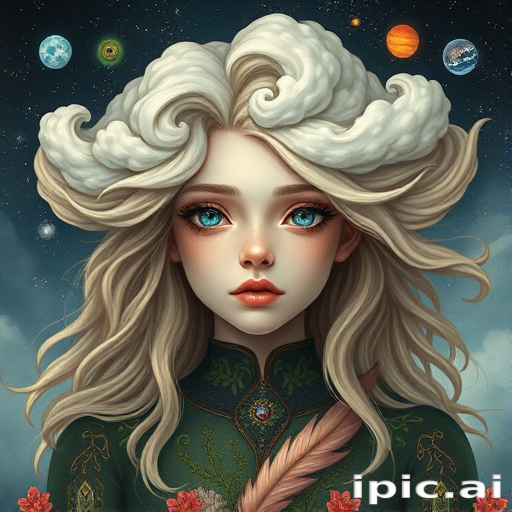 Create a series of imaginative portraits where each subject is infused with elements of fantasy and nature. The hair of the individuals should flow like clouds, varying from soft, fluffy cumulus to wispy cirrus strands, with hints of color reflecting a sunset or a clear blue sky. The eyes should be windows to entire galaxies, with stars, nebulae, and distant planets visible within them. Clothing should be adorned with nature motifs, such as floral patterns that bloom and change, vines that seem to grow and wrap around, or feathers that shimmer with iridescence. Each portrait should capture a unique personality, blending human features with the ethereal beauty of the natural and cosmic world. The backgrounds can vary, from starry night skies to enchanted forests, adding depth and context to the magical realism of the portraits