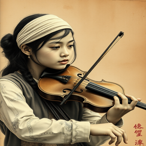a young Bhutanese woman with a white headband playing a violin, in the style of a charcoal drawing, sepia grunge background