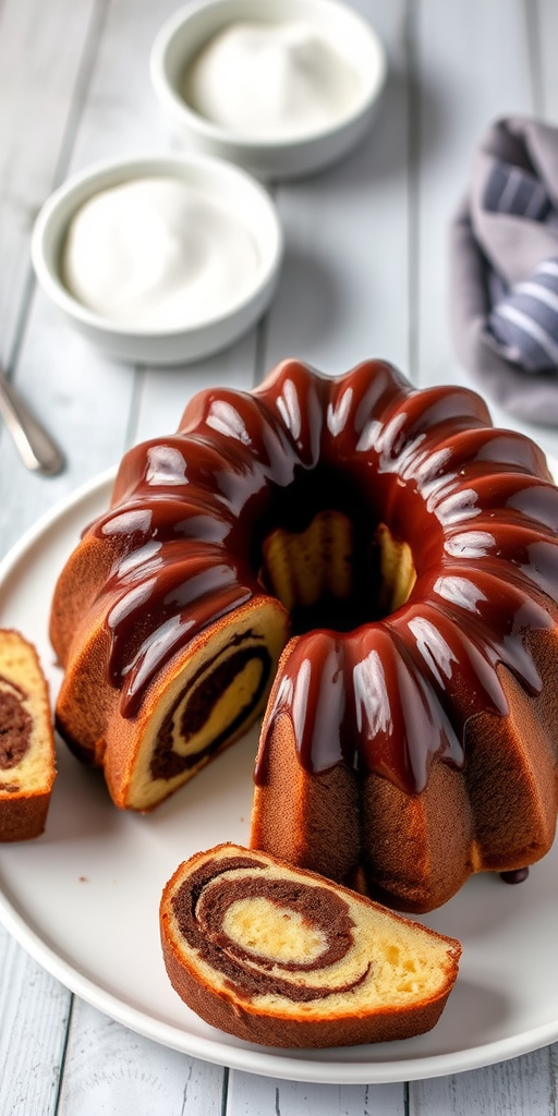 A beautifully decorated bundt cake with a glossy chocolate glaze and a marbled chocolate and vanilla interior served on a white plate surrounded by slices on small plates and bowls of sugar in the background.