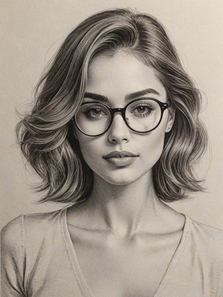 Appealing Olivia Culpo, pencil sketch, portrait of Delightful woman 1976s in glasses, hair style beatnik, outline, clear lines, fine lines, 8k