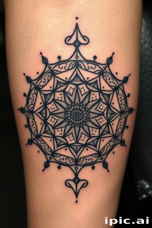 Intricate blackwork tattoo depicting a geometric mandala with intricate dotwork shading and symmetrical patterns, incorporating sacred geometry elements, called "Cosmic Symmetry"
