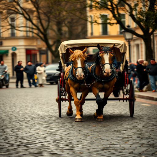capture a horse-drawn carriage on a cobblestone street with two horses in motion, focus on the horses and carriage, use a shallow depth of field, aperture f/2.8, shutter speed 1/250 sec, ISO 200, 50mm lens, natural light with soft shadows, slightly overcast conditions, vibrant color saturation to enhance the scene
