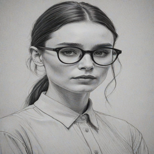Beautiful Rooney Mara, pencil sketch, portrait of beautiful woman 60s in glasses, hair style beatnik, outline, clear lines, fine lines, 8k