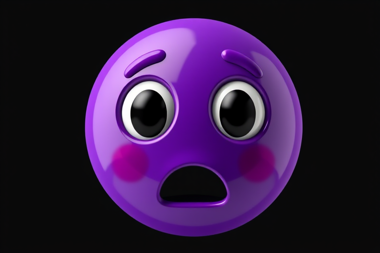 Create a 3D illustration of a glossy purple emoji face with wide open eyes and a surprised mouth on a solid black background, using a Canon EOS 5D Mark IV with a 50mm lens at f/1.8, ISO 100, and natural lighting to capture vibrant colors and smooth gradients.
