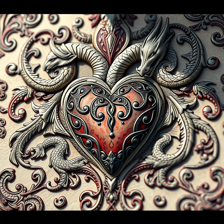 Create a detailed illustration of an ornate heart surrounded by swirling, intricate patterns and dragon motifs, captured with a DSLR camera at f/2.8, 1/125s, ISO 100, in a macro view, with soft natural lighting to enhance the textures and details.