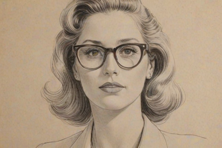 Sublime Chevy Chase, pencil sketch, portrait of Sublime woman 1947s in glasses, hair style beatnik, outline, clear lines, fine lines, 8k