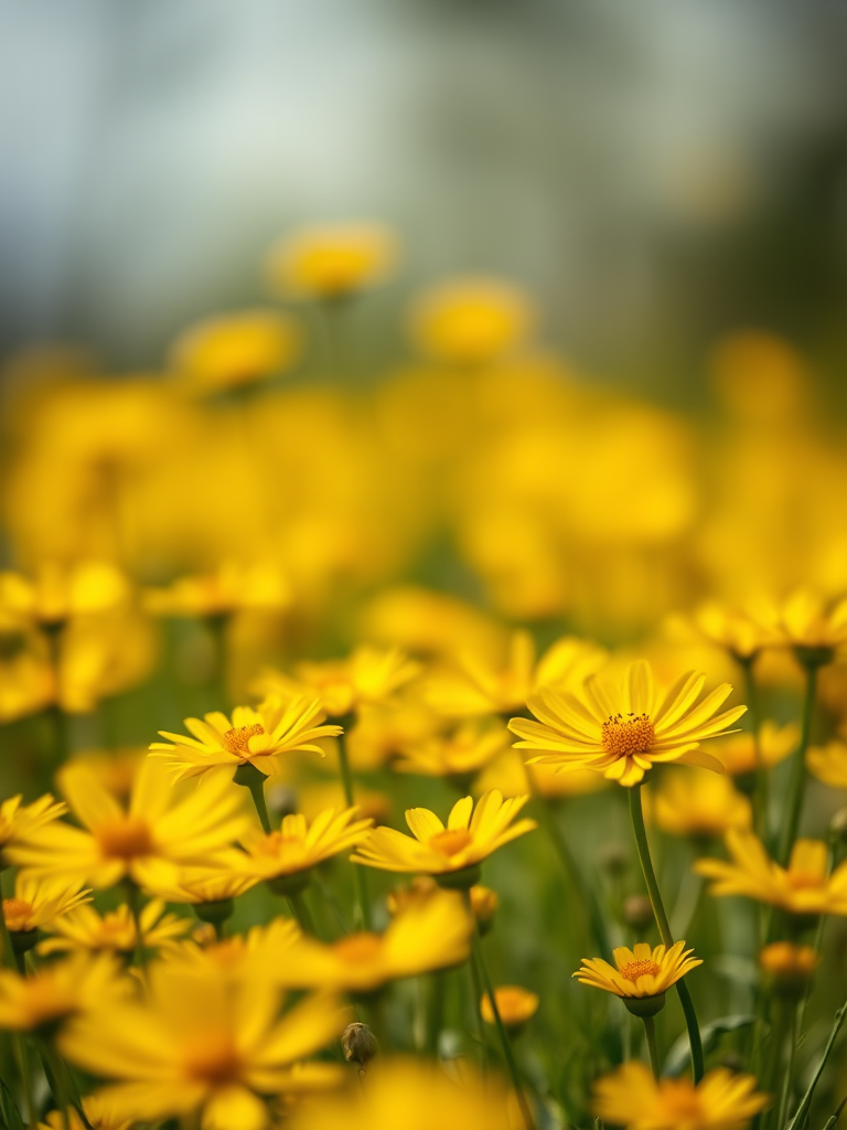Create an image of a vibrant field of yellow buttercup flowers in soft focus, captured with a Canon EOS R5, 85mm lens, f/2.8 aperture, ISO 100, in daylight, using a macro photography style for enhanced detail and depth of field.
