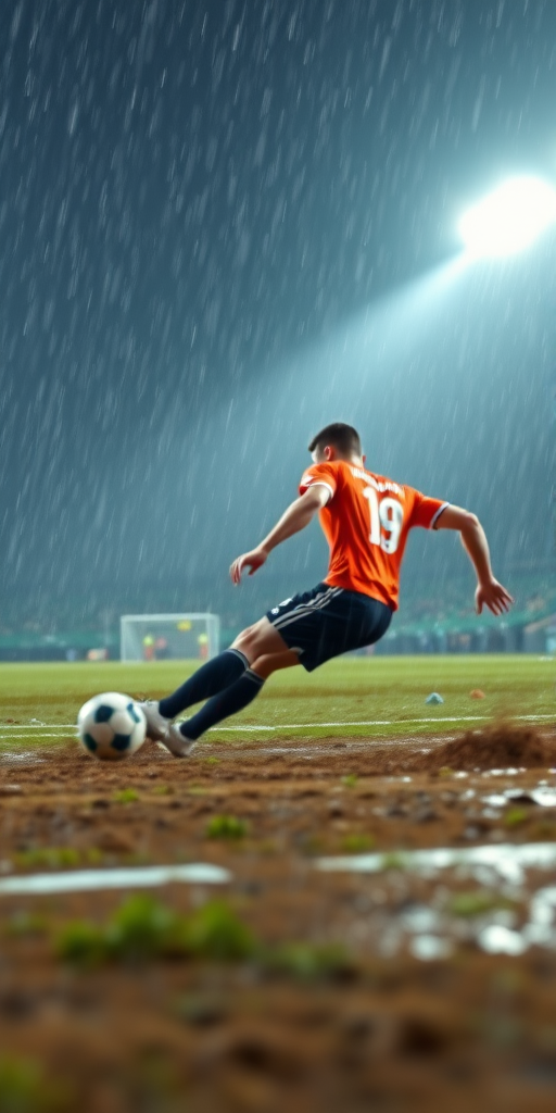 Blurry action shot of a soccer player sliding to kick the ball on a muddy field, with rain softly falling and stadium lights casting a bright glow through the misty air.
