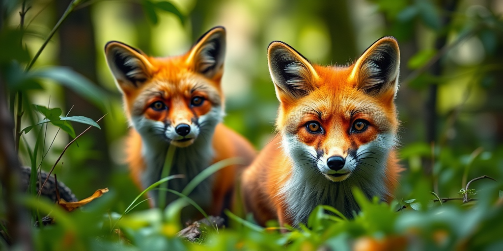 Create a vibrant image of two foxes in a lush forest, capturing their detailed fur and expressive eyes, using a Canon EOS R5 with an 85mm f/1.2 lens at f/1.8, ISO 200, and a shallow depth of field for a soft background blur, in natural daylight to enhance colors and textures.