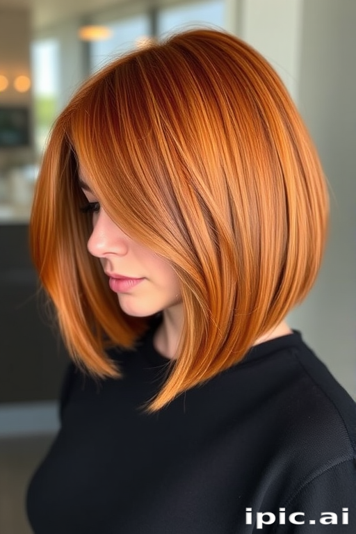 Glowing copper penny locks styled in a sleek Italian bob, Autumn Flame cut, featuring a blunt chin-length perimeter with subtle layers for movement and shine