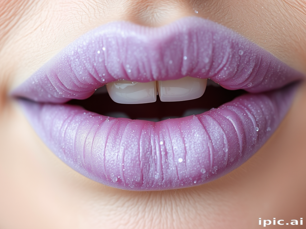 Frosted lilac lips with a subtle sparkle, ethereal and dreamy, evoking a sense of fantasy and whimsy in their delicate appearance
