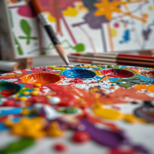 Close-up of an artist’s palette, splattered with vibrant paint colors, with brushes and a canvas in the background, capturing the essence of creativity in progress.