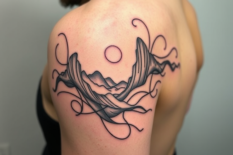 Continuous line tattoo named "Fluid Motion" depicting a complex scene or portrait using a single, unbroken line that weaves and loops to create depth and form, recognized for its minimalist yet expressive style