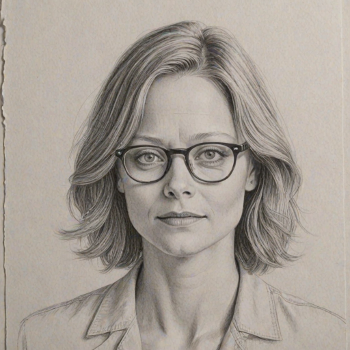Stunning Jodie Foster, pencil sketch, portrait of Comely woman 1951s in glasses, hair style beatnik, outline, clear lines, fine lines, 8k