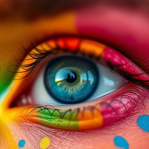 Close-up shot of a colorful painted eye with vibrant colors around the face, macro lens, aperture f/2.8, shutter speed 1/250s, ISO 100, soft natural lighting, DSLR camera, eye level view, shallow depth of field.
