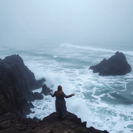 Foggy coastline, waves crashing against jagged rocks, a woman stands at the edge, her long coat billowing in the wind, watching the storm roll in over the ocean.
