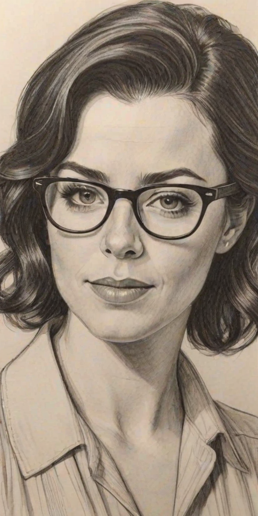 Ravishing Eve Myles, pencil sketch, portrait of Captivating woman 1936s in glasses, hair style beatnik, outline, clear lines, fine lines, 8k