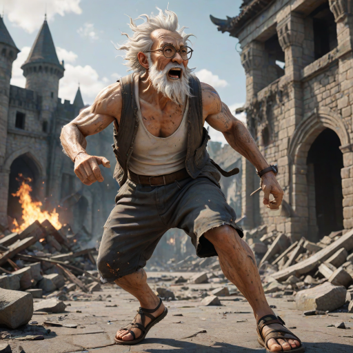 Cartoon 3D High-Resolution,dynamic battle scene using Unreal Engine 5 and Octane Render. The scene features back of an elderly, thai man with a beard,messy hair and round golden-rimmed glasses. He is wearing a tattered tank top with soot marks, shorts, and sandals. sweating. he wields a baseball bat. He jump to fight with a white fire-breathing Europe dragon amidst a partially destroyed stone castle. Include intense flames, smoke, and debris to enhance the dramatic effect.