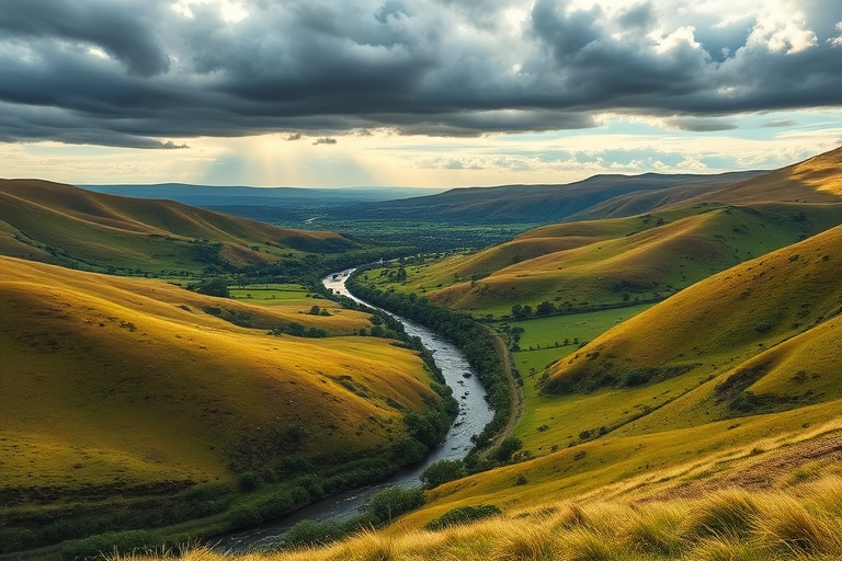 Create an expansive landscape image of rolling hills with a river winding through a lush green valley under a dramatic sky, shot with a DSLR camera at 24mm focal length, f/8 aperture, ISO 100, in vibrant colors and high dynamic range, captured from an elevated viewpoint.