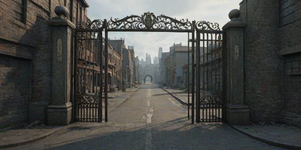 A city scene, no humans, with a closed gate, gate_prop